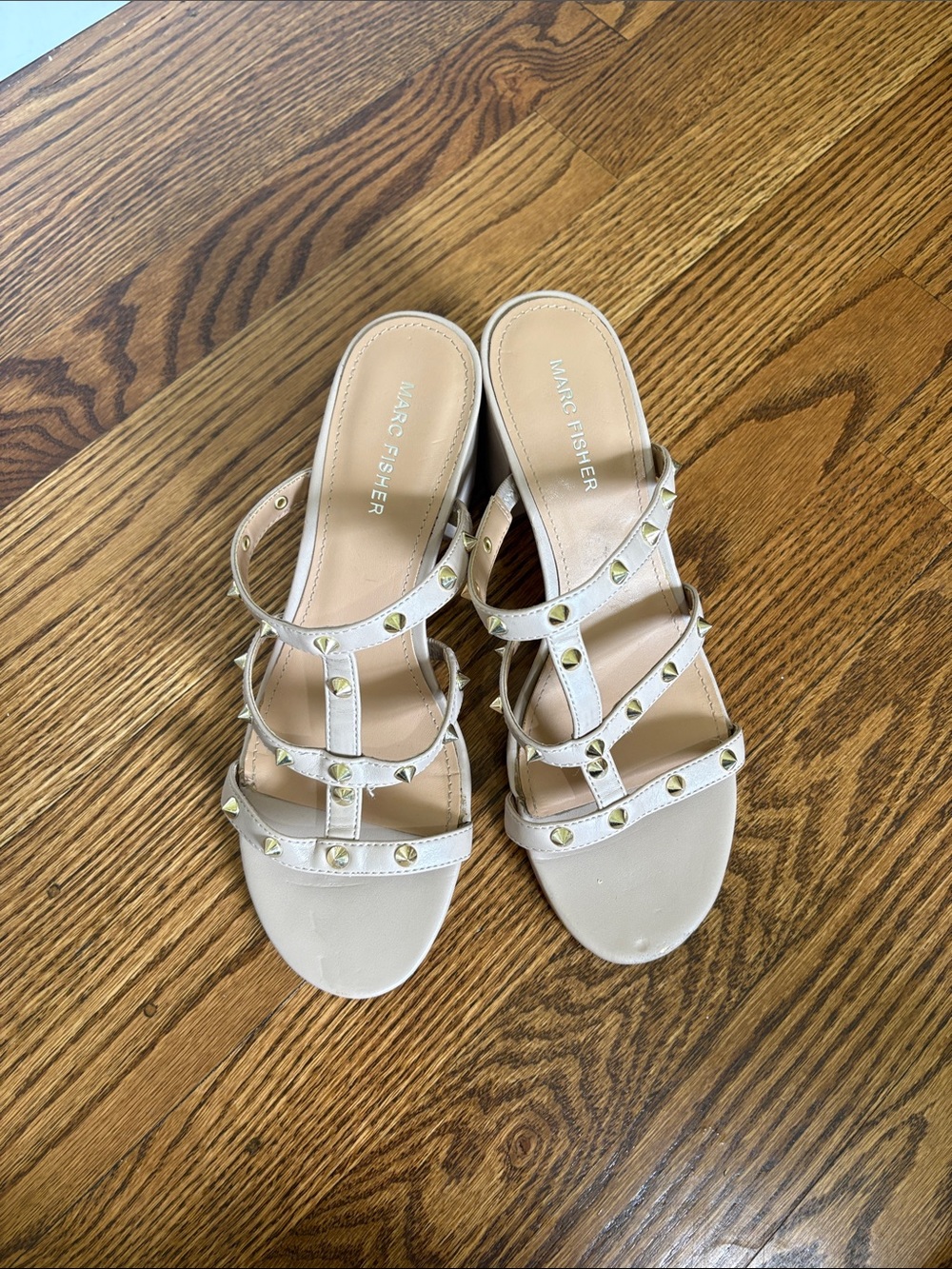 Marc Fisher Beige Studded Multi-Strap Slip-On Mules